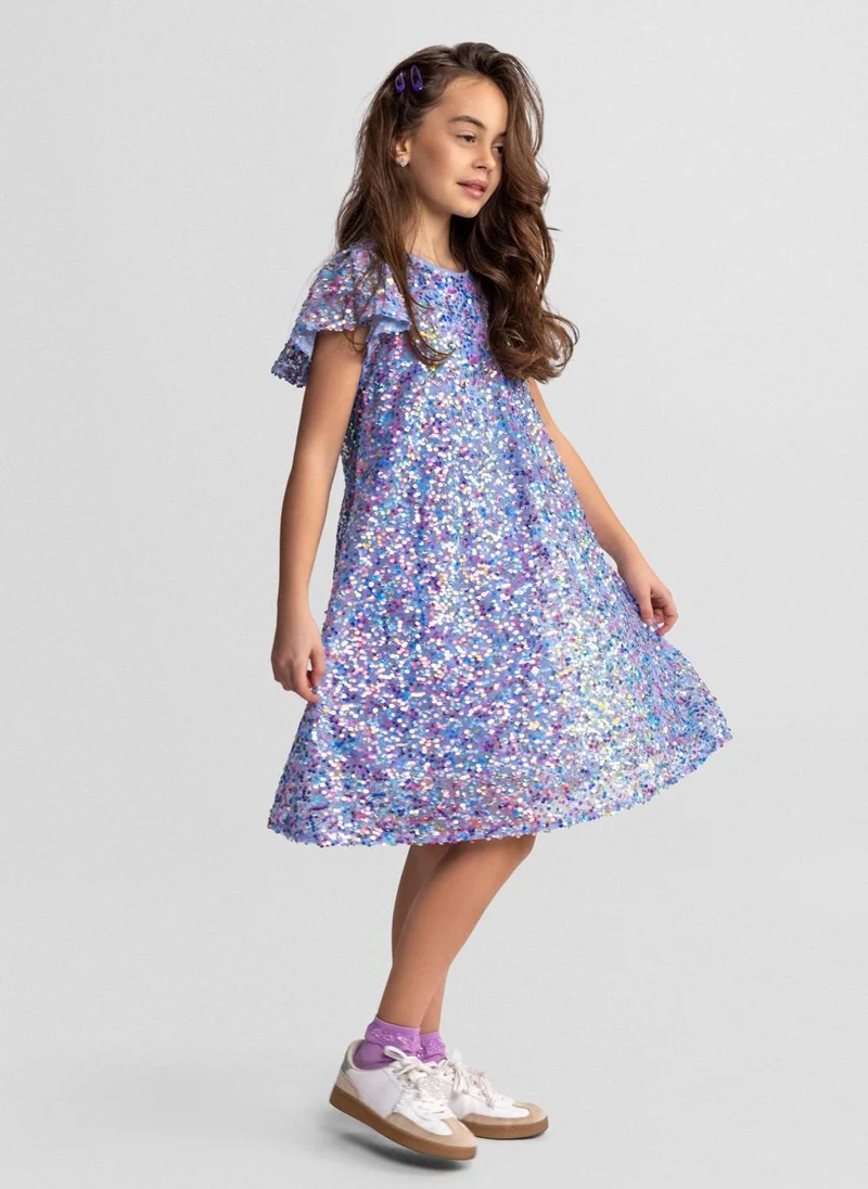 مينوتي Girls blue a-line sequin dress elegant short sleeves